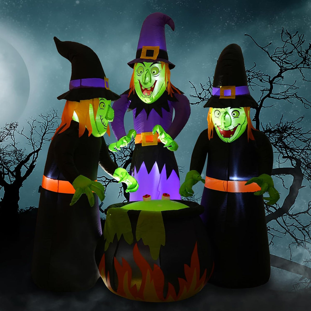 Double Couple 6FT Halloween Inflatables Outdoor Decorations,Three Witch Around Cauldron with Bulit-in Light