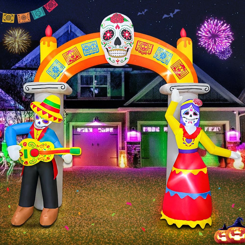 9Ft Day of The Dead Halloween Inflatables Archway Dia De Los Muertos Decorations Inflatable Arch with Skull