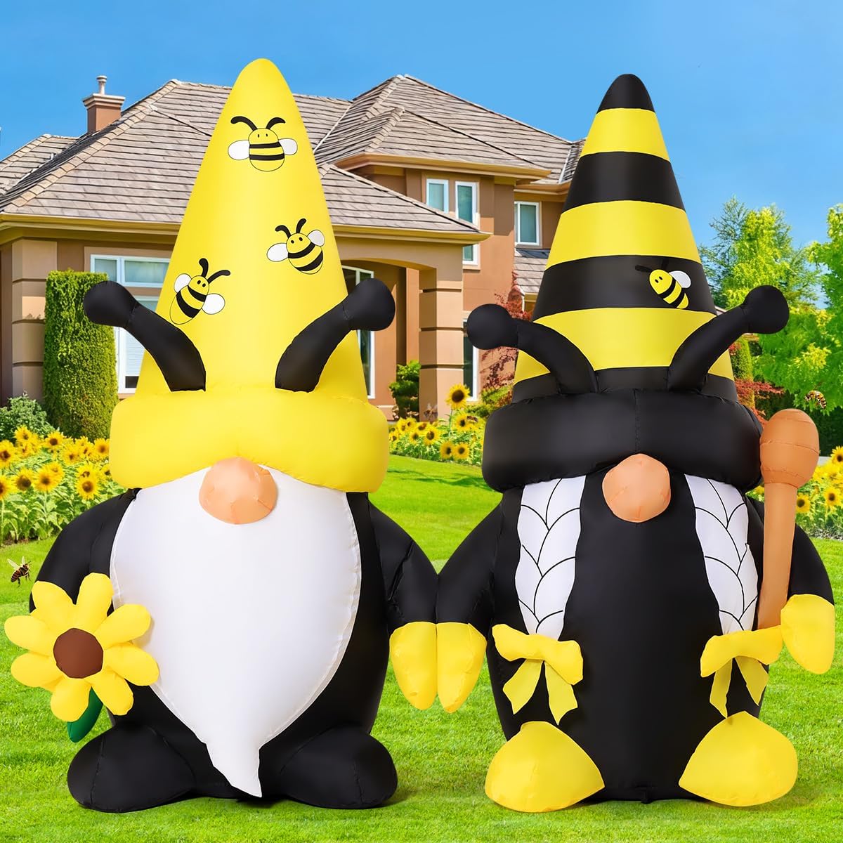 GOOSH 6 FT Long Spring Inflatables Gnomes Decorations Blow Up Yard with Bees and Sunflower Built-in LEDs fo