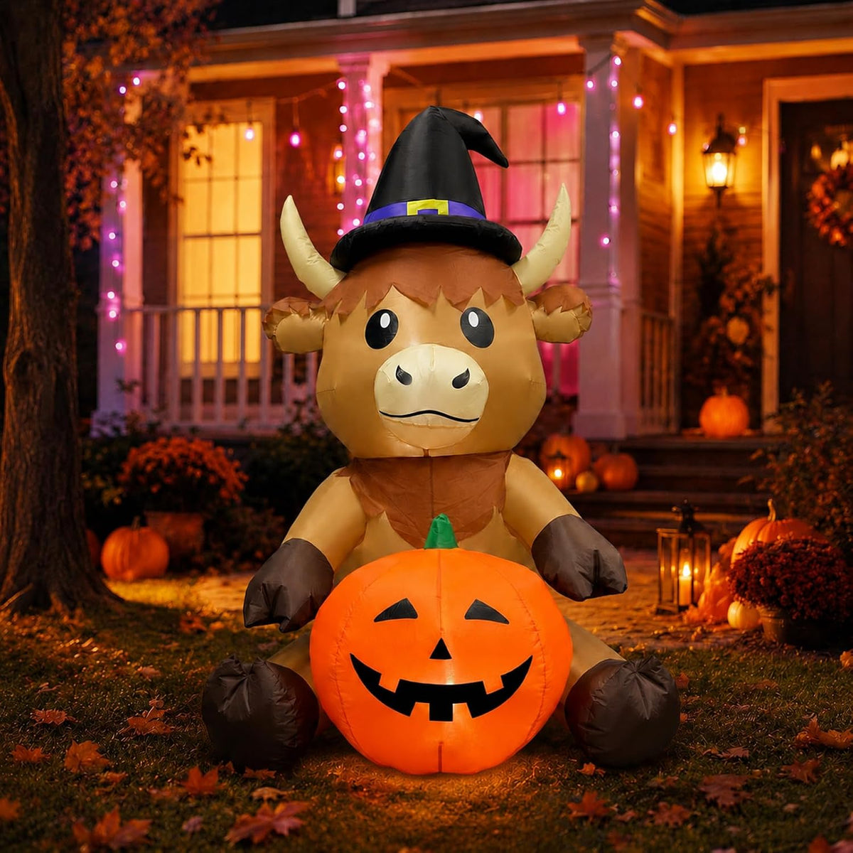 5FT Halloween Inflatable Witch Hat Highland Cow Outdoor Decorations / with Built-in LEDs, Waterproof