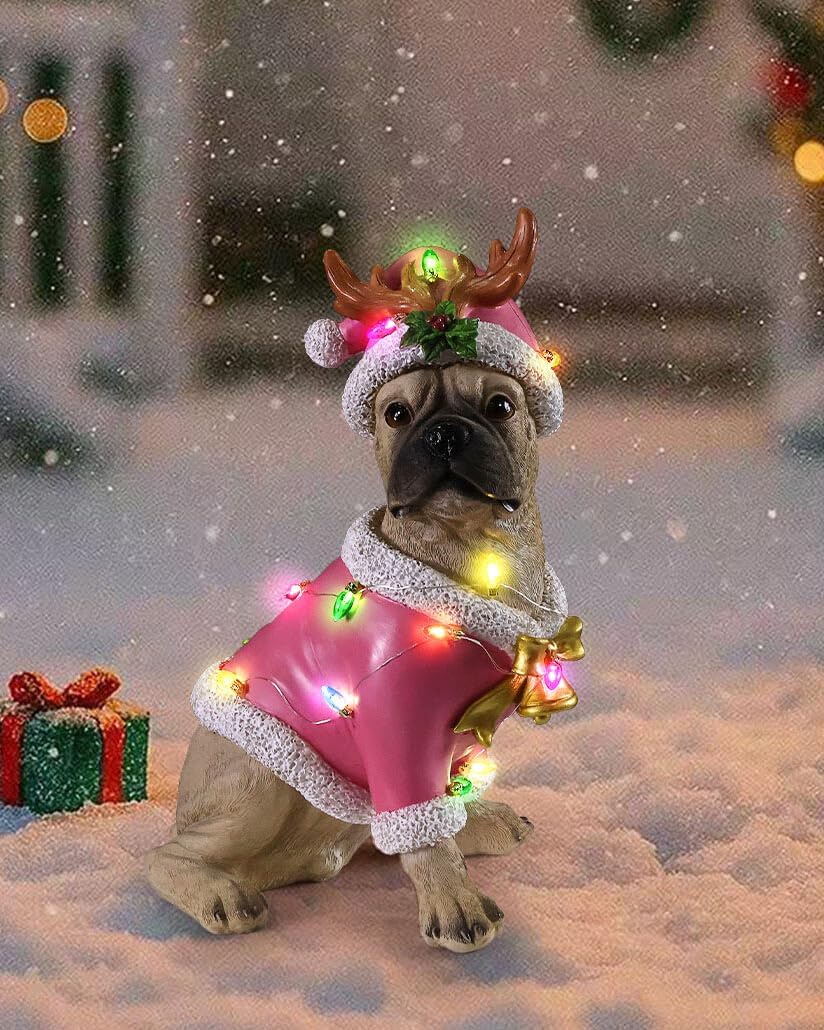 Outdoor Christmas Dog Statue - Santa's Gifts Pink Christmas Decor Bulldog with Pink Santa Hat and Led Lights