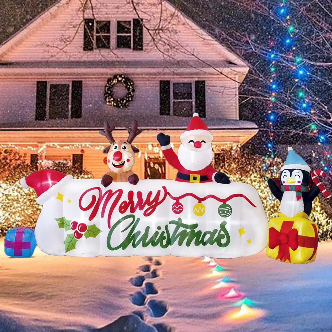 Beyond Your Thoughts Christmas Inflatable Decoration 10ft Long Banner Santa Deer Penguin Gifts Holiday
