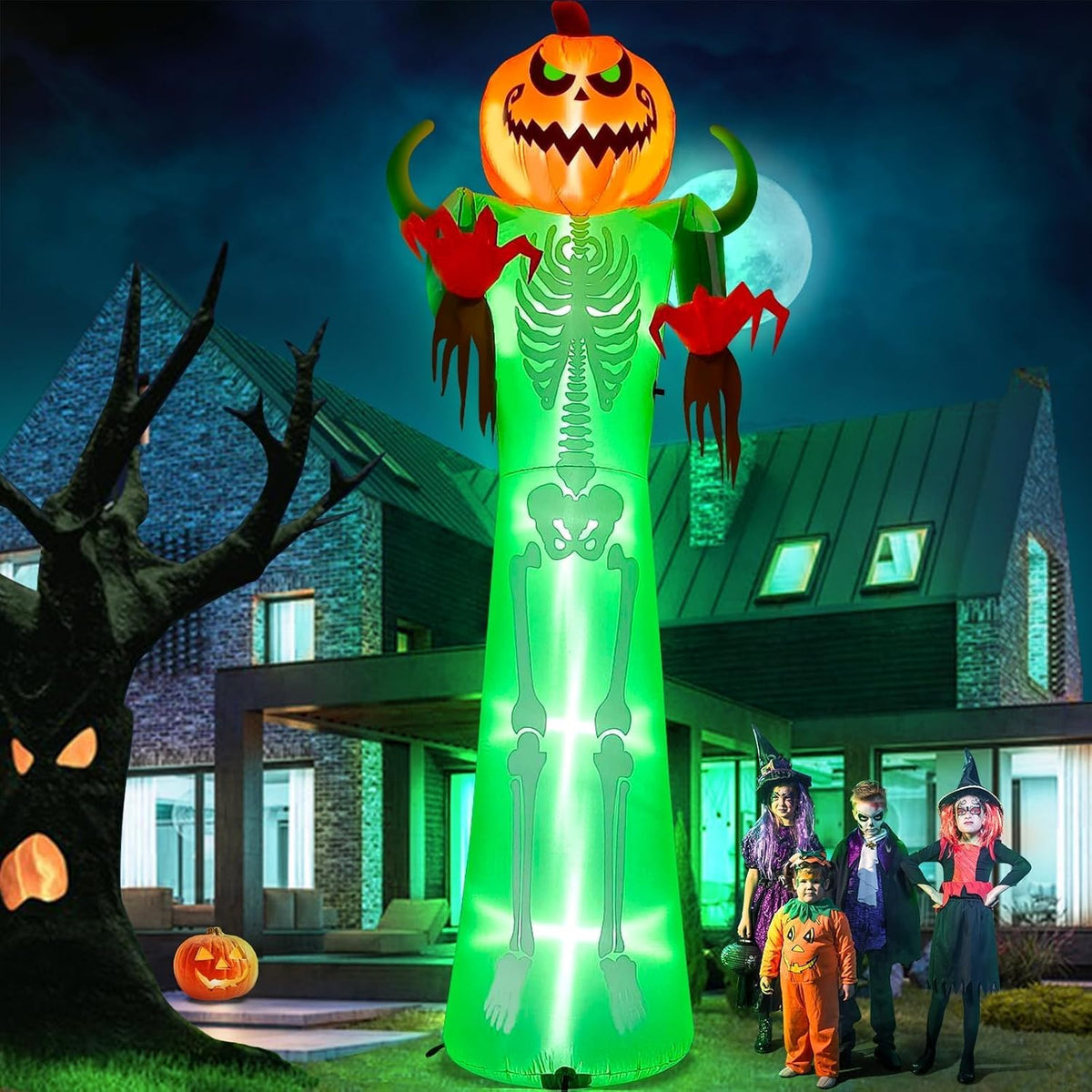 12FT Halloween Inflatable Skeleton, Kalolary Giant Pumpkin Man Inflatables / Scary Pumpkin Skeleton Blow up