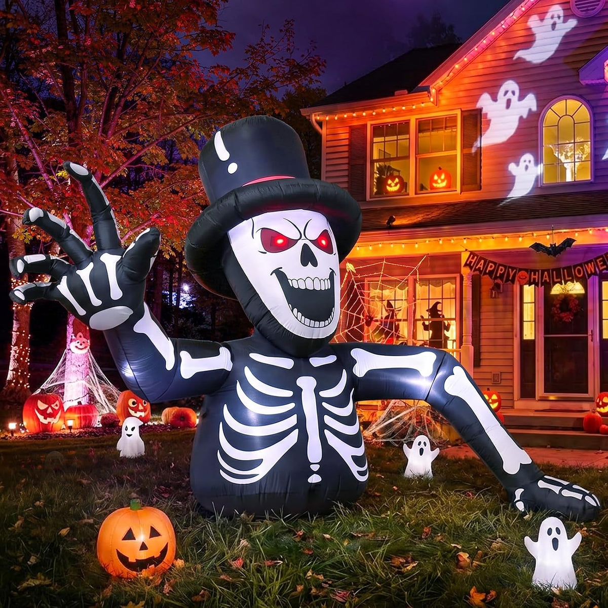 10FT Giant Led Lighted Halloween Inflatables Skeleton for Roof Garden / Giant Skeleton Coming Out of Ground,