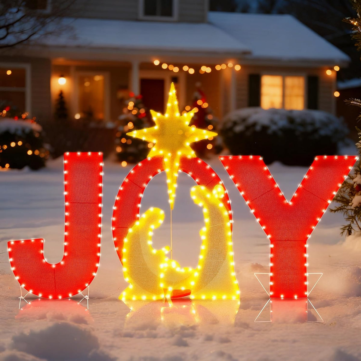 Prsildan Nativity Scene Outdoor Christmas Decorations Lighted Joy Yard Sign / 250 LEDs, 3.3FT x 2FT Outdoor