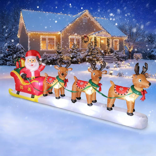 12 FT Long Christmas Inflatables Santa Claus with Reindeers Outdoor Decorations, Christmas Blow Up Yard