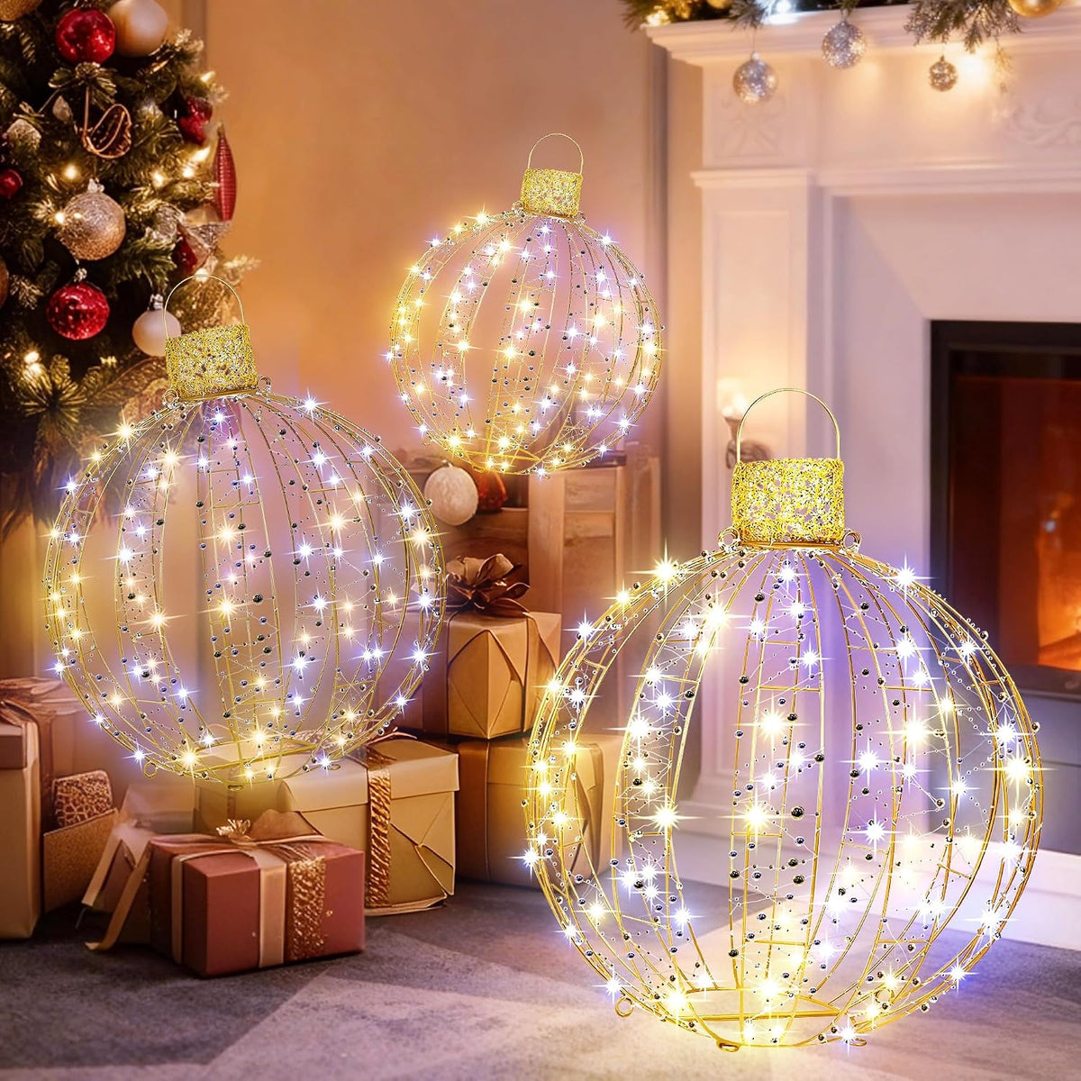 Raemean Christmas LED Light Balls, 3 Pack Hanging Ball Lights, Lighted Sphere Outdoor Decorations, Warm White