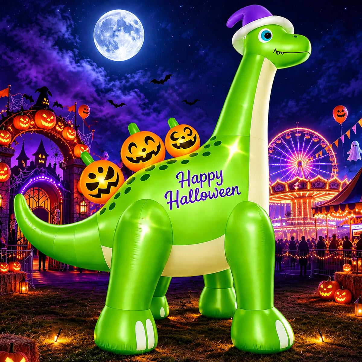 BLOWOUT FUN 12FT Giant Halloween Inflatable Dinosaur with Pumpkins Decor / Brachiosaurus with Witch Hat