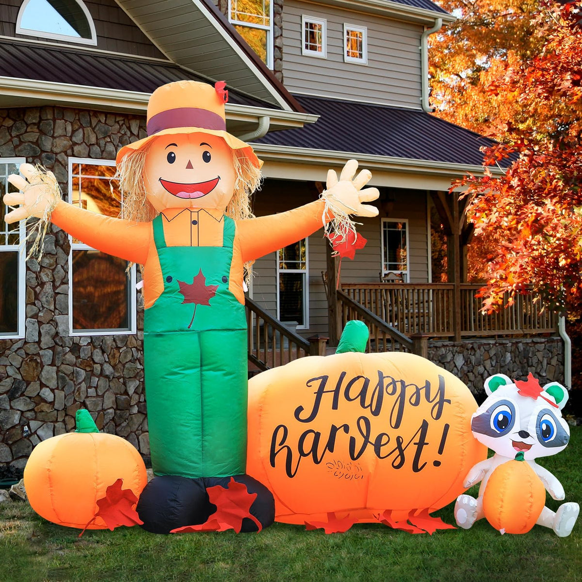 DomKom 6ft Tall LED Lighted Inflatable Scarecrow and Pumpkin – Halloween Thanksgiving Fall Yard Decoration