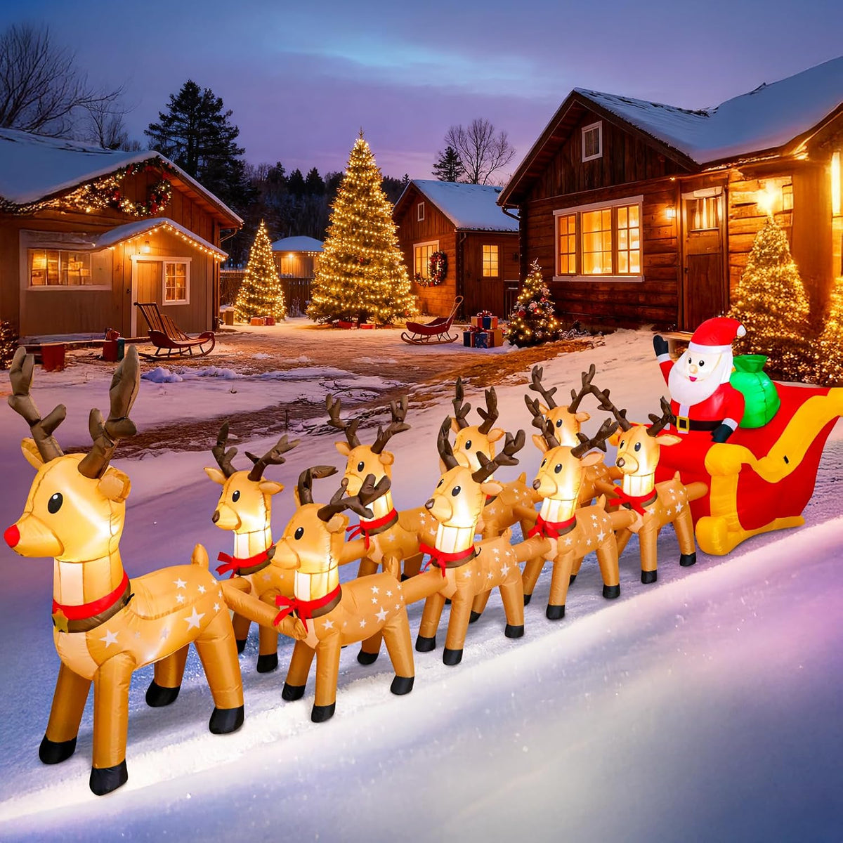 Garma 14 FT Christmas Inflatables Outdoor Decorations Giant Christmas Blow ups / Santa Claus Sleigh and 9