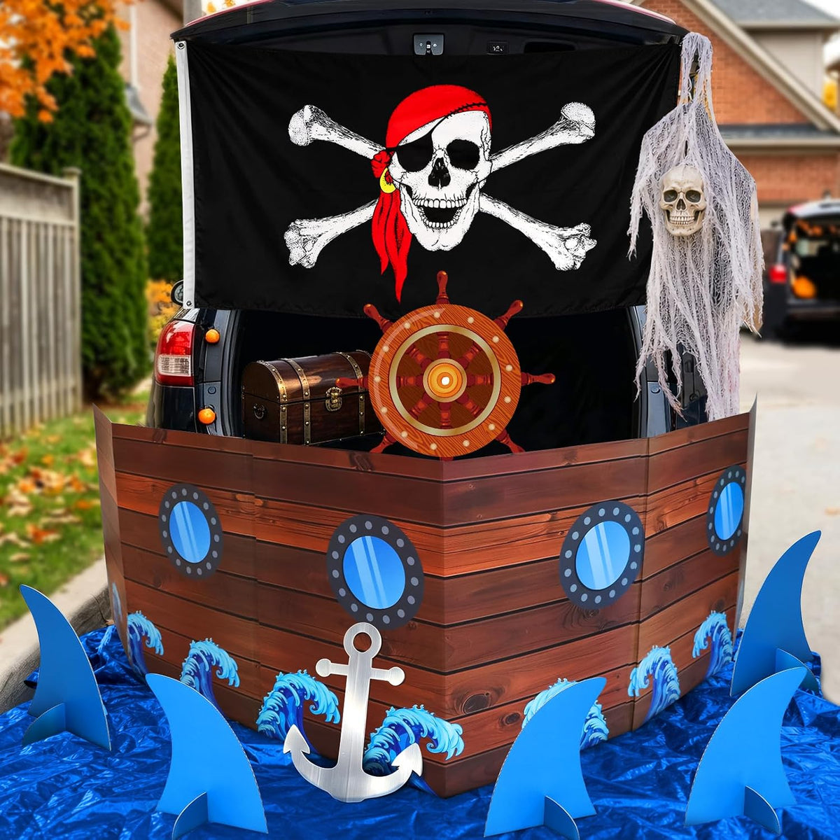 Pirate Trunk or Treat Halloween Decorations Kit with Shark Fins & Anchor / Walk the Plank Theme • Shark-Fil