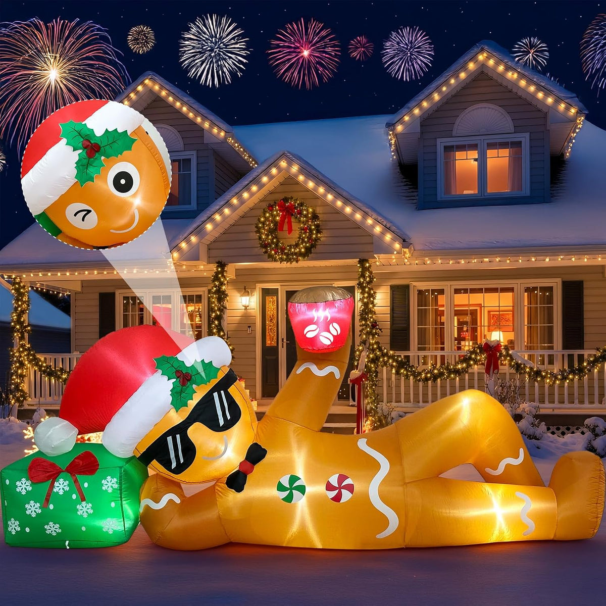 AerWo 10FT Christmas Inflatable Outdoor Decoration, Lying Gingerbread Inflatable with LED Lights, Christmas