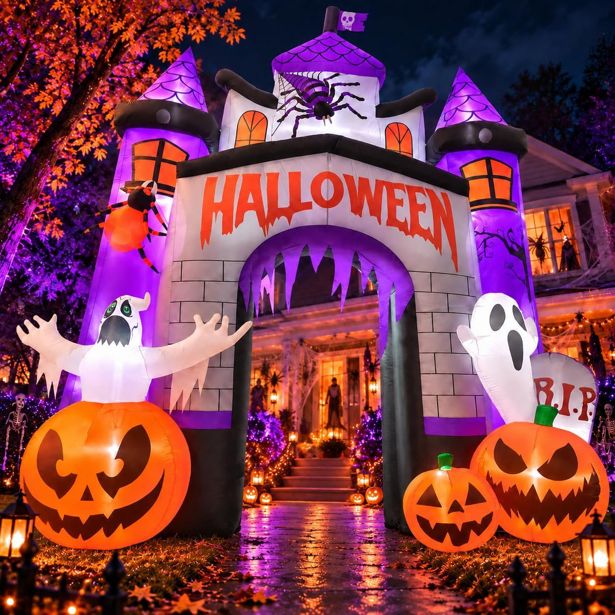 Bajree 12FT Halloween Inflatable Haunted Castle Archway for Yard / Giant Haunted Castle House with LED