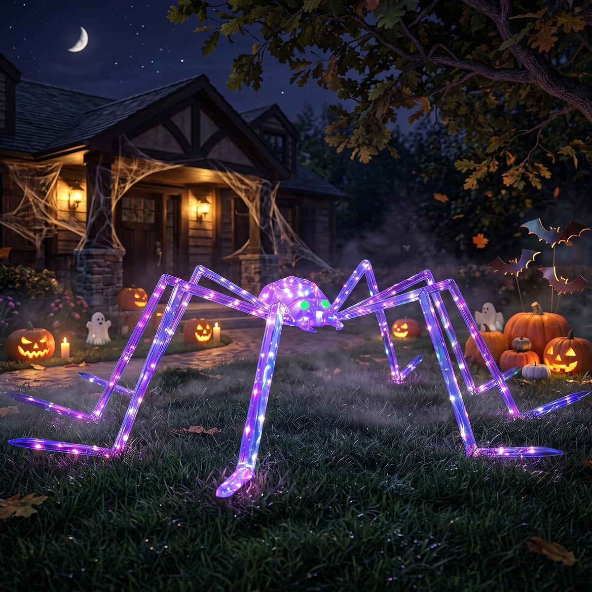 7FT Giant Halloween Spider Decorations Outdoor – Prismatic Iridescent Light-Up Spider with 170 LED Lights &