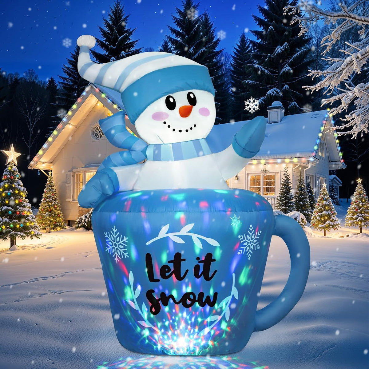 OurWarm 5FT Christmas Inflatable Snowman in Mug, Adorable Blue Snowman Blow Up Awaiting the Snow, Christmas