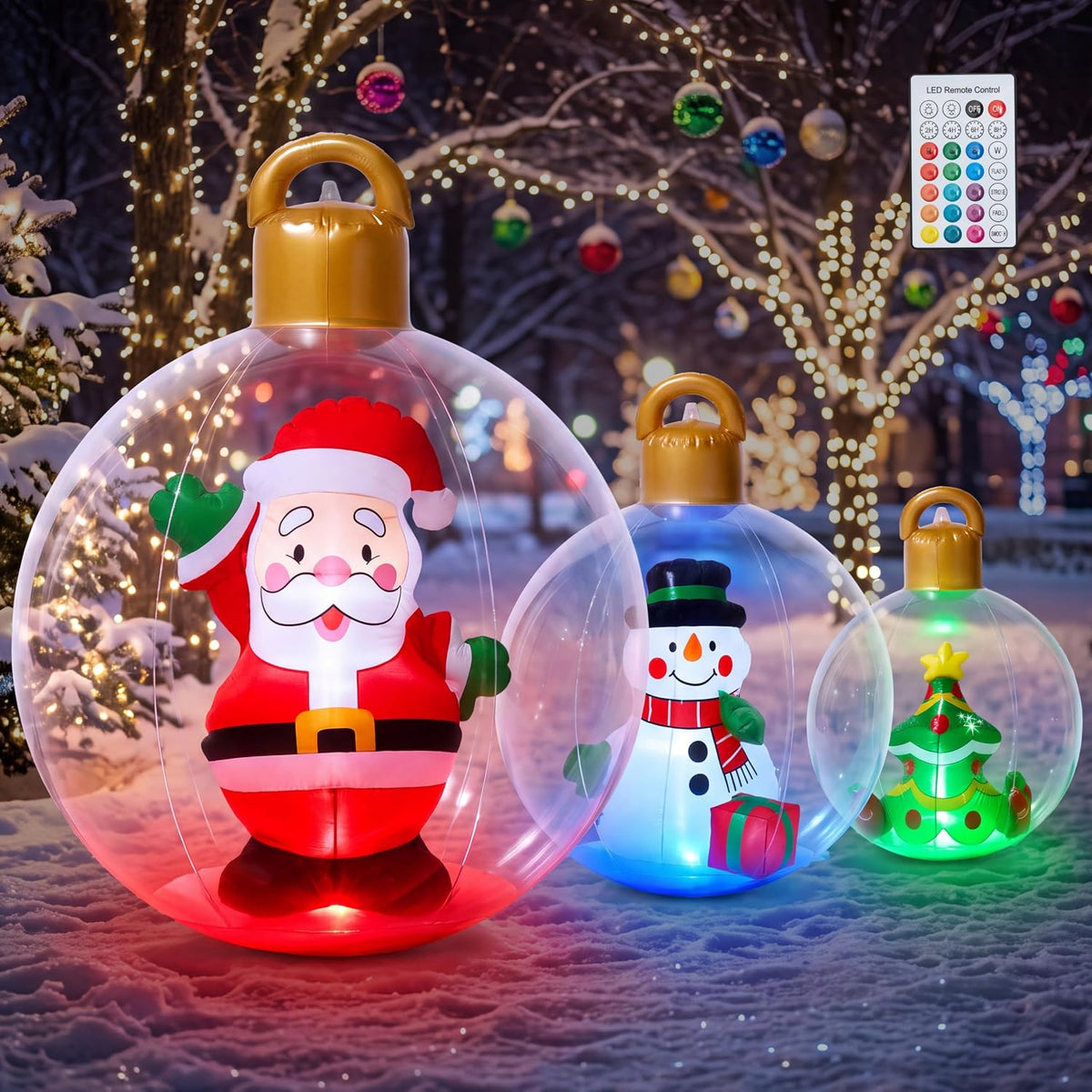 JOYIN 3Pcs Inflatable Christmas Ornaments Set (32", 24", 18"), Blow Up Ornaments Balls with Colorful LEDs &