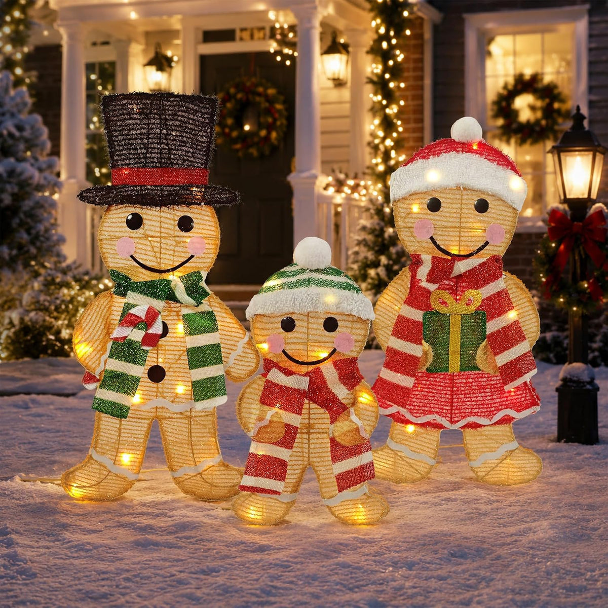 3-Piece Lighted Gingerbread Family Outdoor Christmas Decorations, 28 Inch 2D Gingerbread Man Yard Decor with